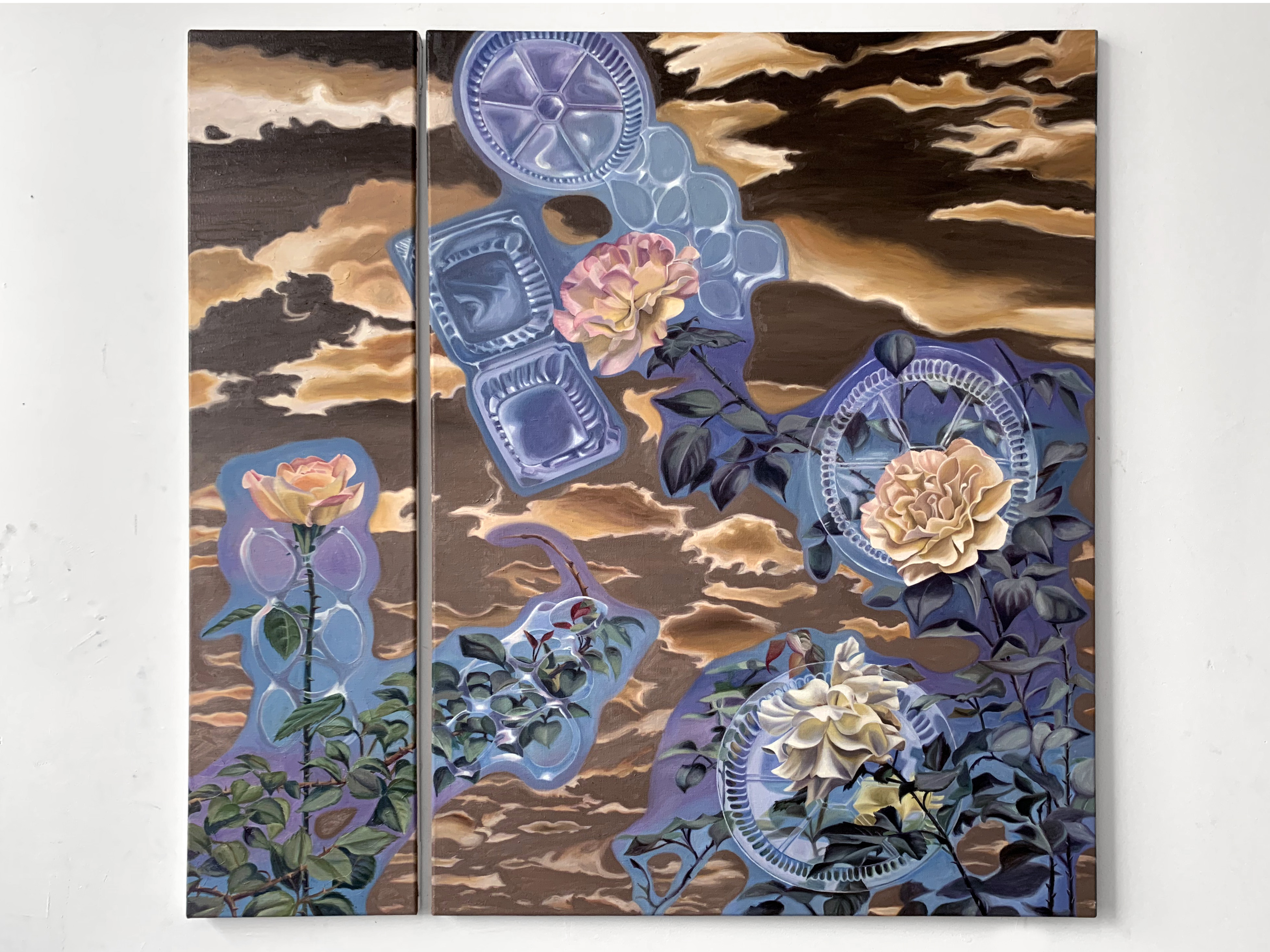 Green-Futuristic (Diptych), 40x10 & 40x30 2021 <br>oil on canvas<br><br>"Stratospheric Aerosol Injection is a proposed method of solar geoengineering that would block solar radiation, but would also cause the sky to turn brown. This technology is termed "Green-Futuristic." (Buck, H.J. (2019). In <i>After Geoengineering: Climate Tragedy, Repair, and Restoration.</i> Verso.)